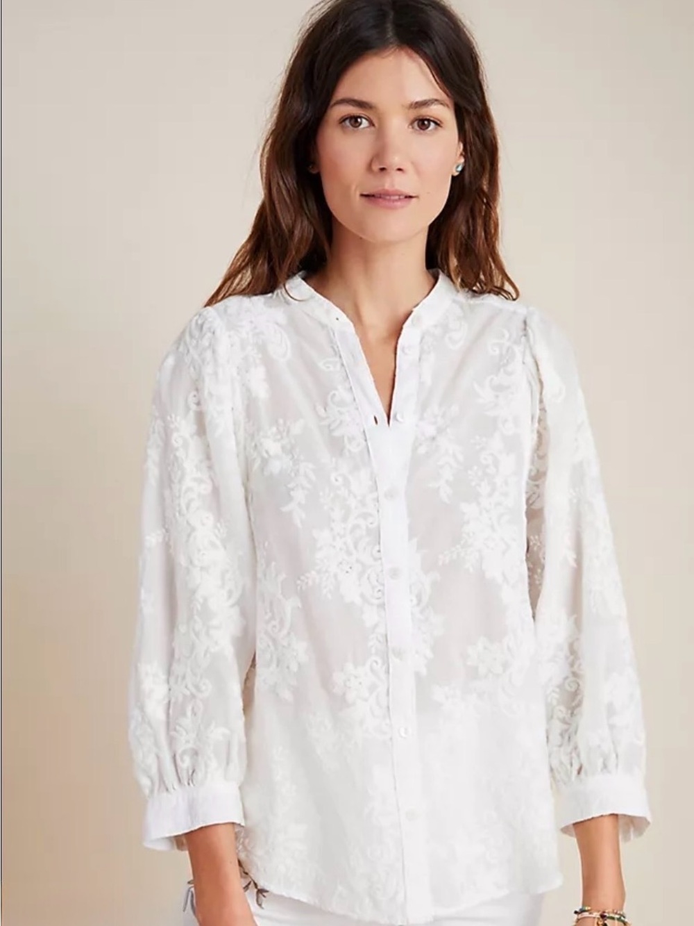 Anthropologie White Floral Embroidered V-Neck Button up Blouse